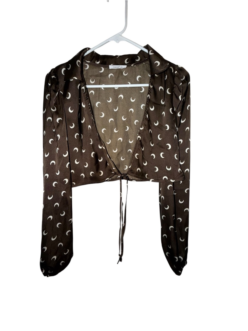 Timing Brown Crescent-Print Tie-Front Blouse